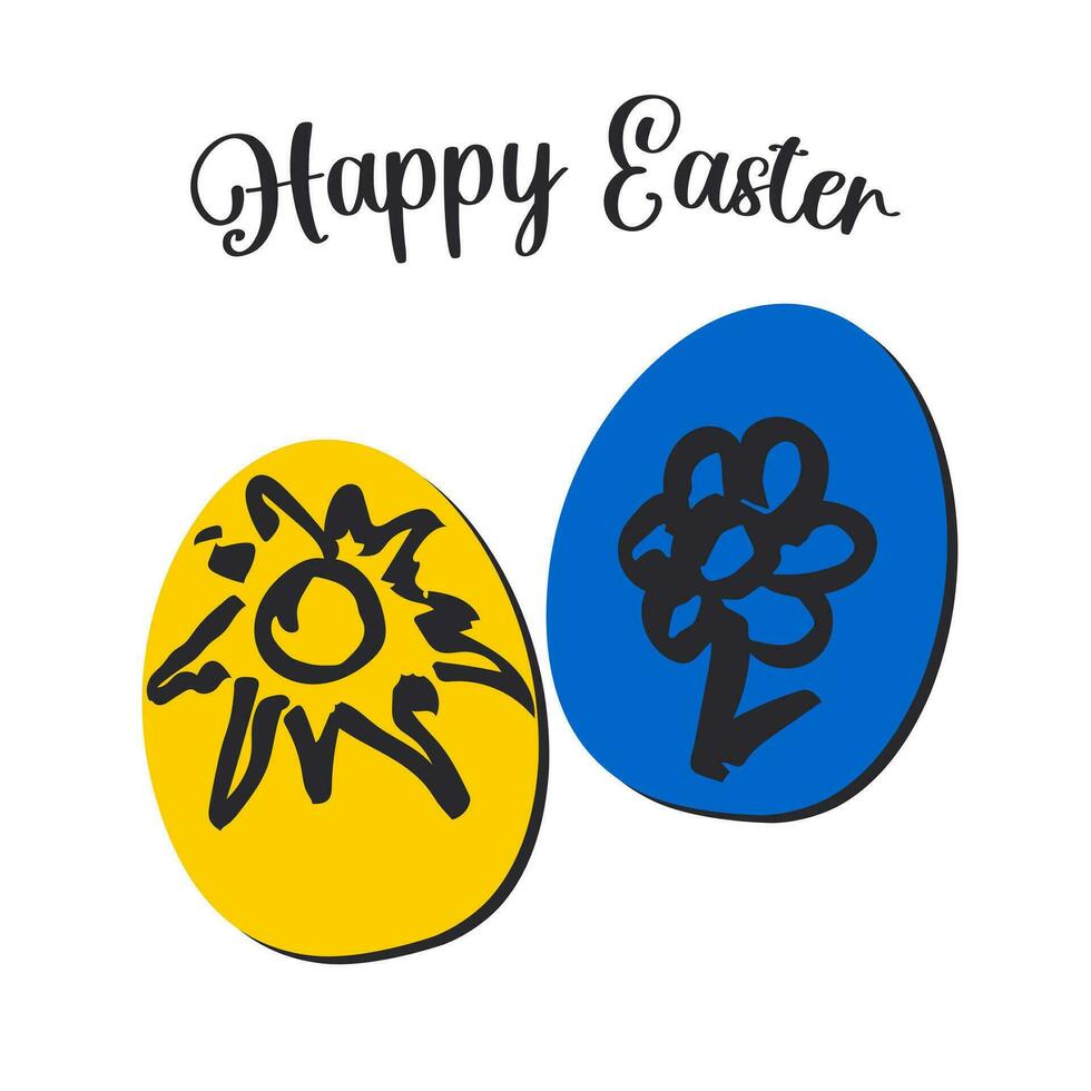 Happy Easter. Cute postcard with painted blue and yellow eggs with sun and flower hand drawn . Festive banner on a white background. Vector. vector