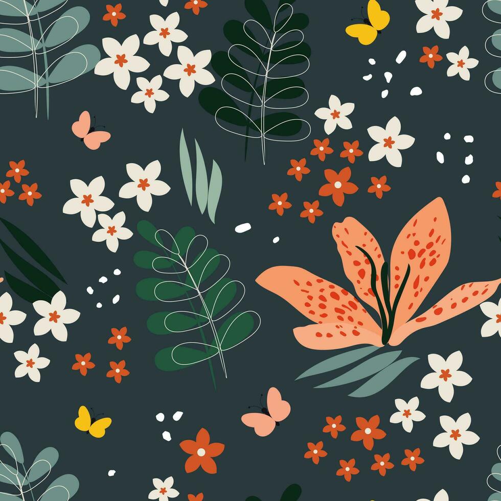 Beautiful decorative flowers and leaves on a dark green background. Seamless botanical pattern with butterflies for fashion fabrics. Vector