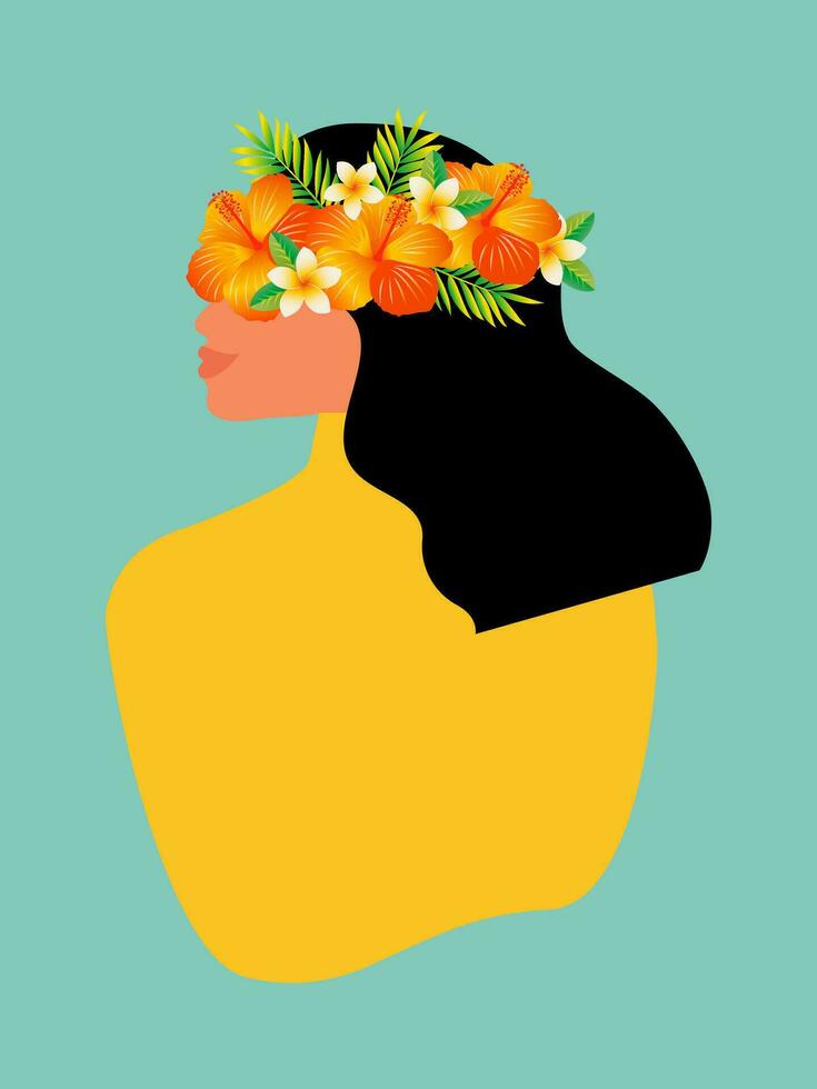 hermosa joven mujer con flores en su rostro. el concepto de el psicológico salud de mujer. vertical ligero azul bandera. vector. vector