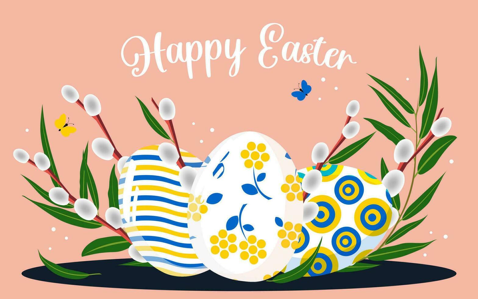 Happy Easter. Stylish trendy postcard with cute painted eggs in blue and yellow colors in a modern design with willow branches and flying butterflies on a pink banner. Vector. vector