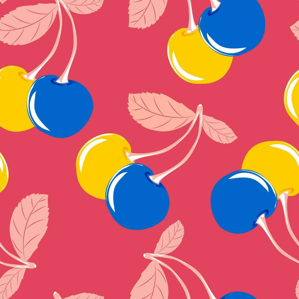 Yellow and blue cherries with leaves on a pink background. Berry background. Seamless cute pattern with sweet cherry. Vector. vector
