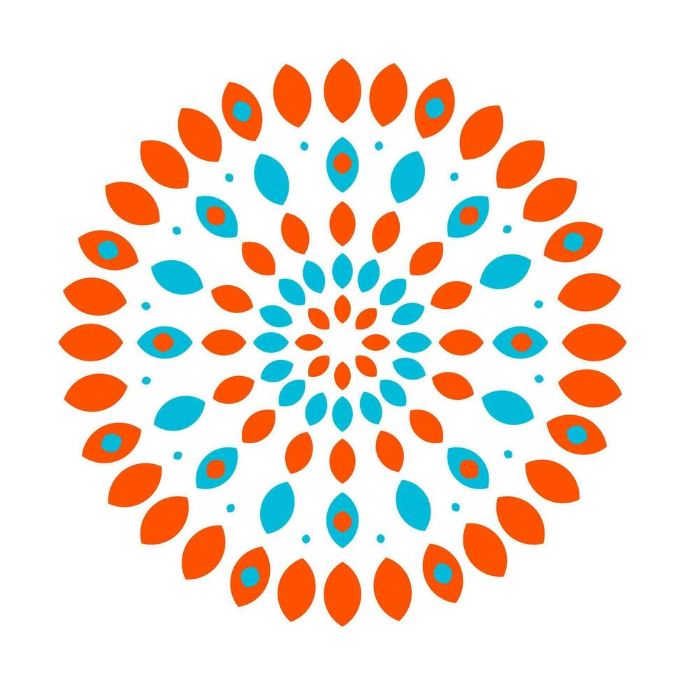Floral abstract circular pattern for printing on pillows, interior design. An explosion effect of random radial orange and light blue petals on a white background. Vector. vector