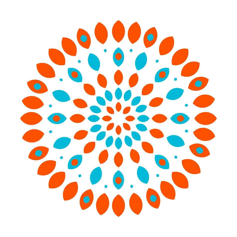 Floral abstract circular pattern for printing on pillows, interior design. An explosion effect of random radial orange and light blue petals on a white background. Vector. vector