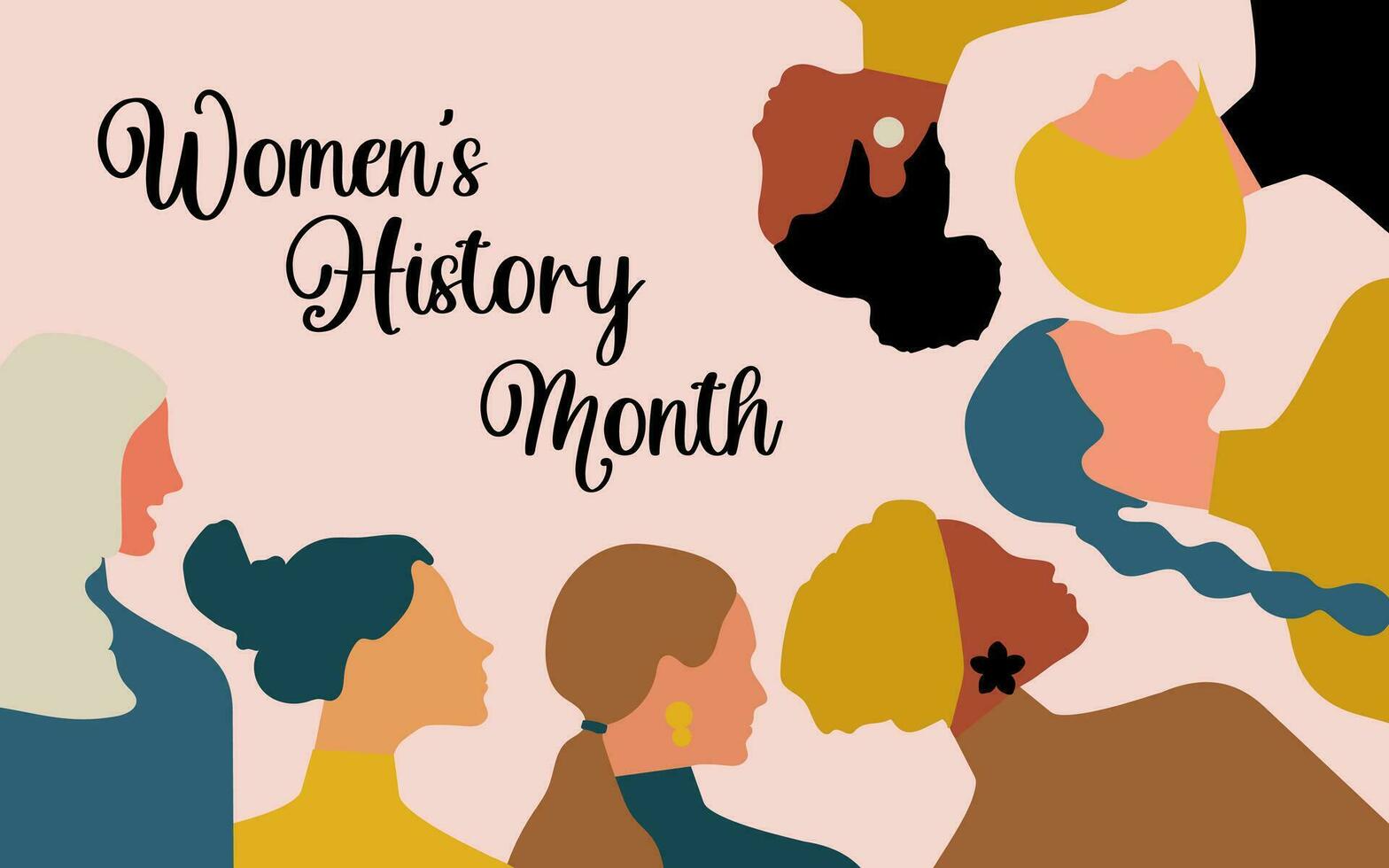 Women's History Month. Women of different ages, nationalities and religions come together in the fight for equal rights. Pink horizontal poster. Vector. vector