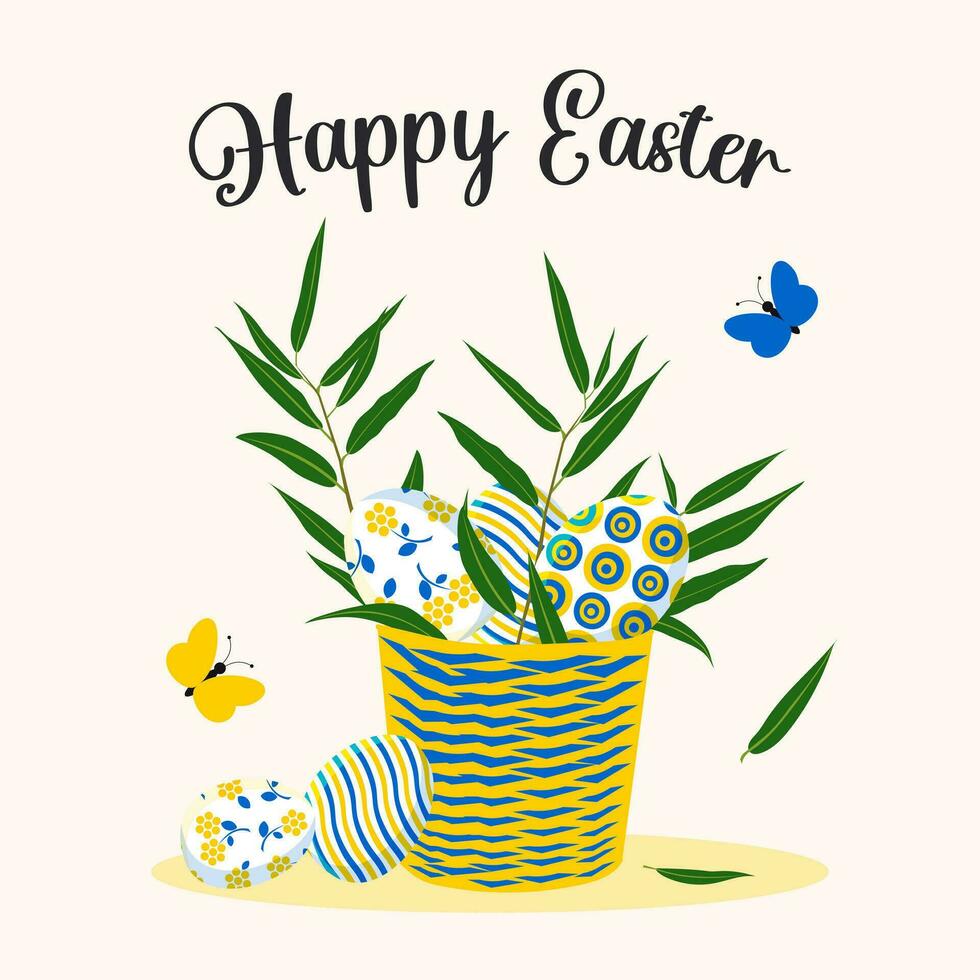 Happy Easter. Stylish trendy postcard with cute colored eggs in blue and yellow colors in a modern design with willow branches in a basket and flying butterflies. Vector. vector