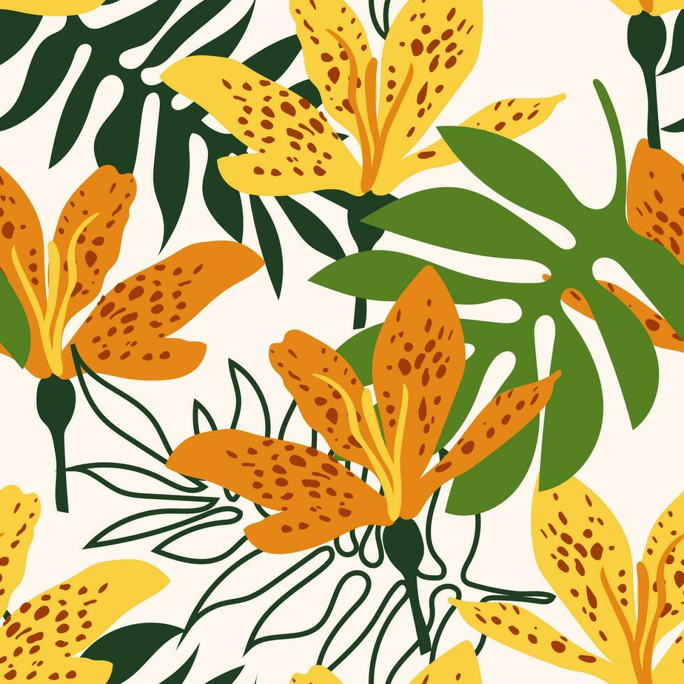 tropical leopardo flores moderno Arte futuro resumen y artístico palma hojas en blanco antecedentes. sin costura botánico modelo para Moda telas vector. vector