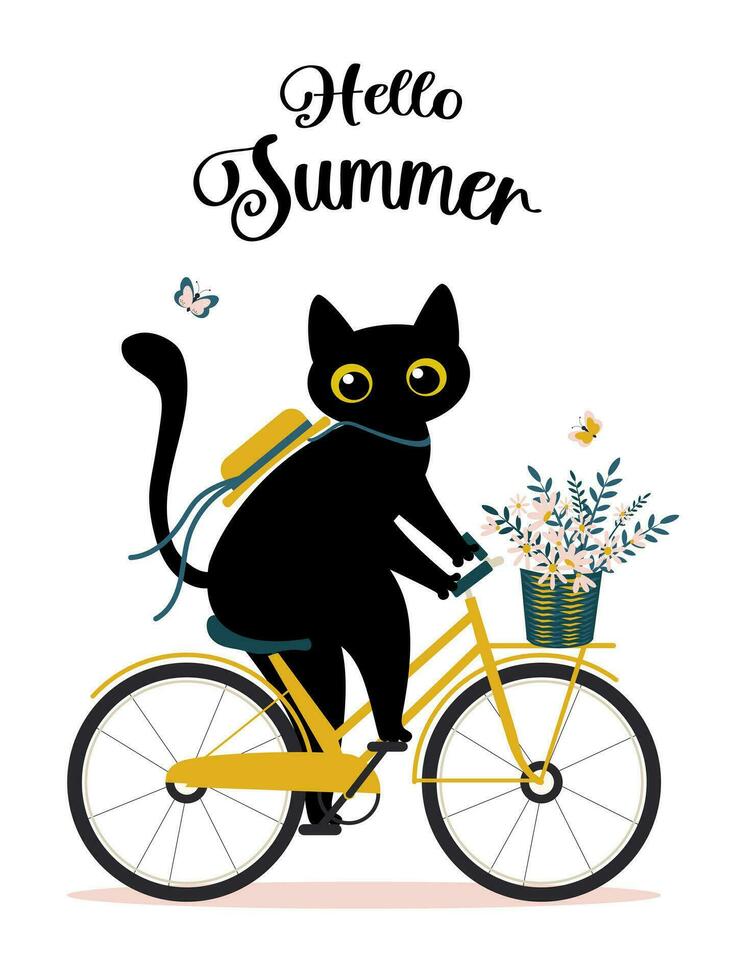 Hello summer. A cute black cat rides a bike and enjoys the beginning of summer. Funny animal with a bouquet of flowers and butterflies on a white background. Vector. vector