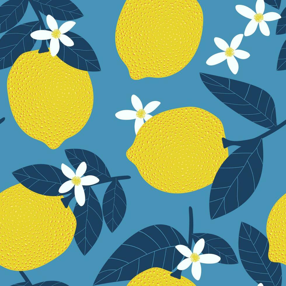 limones en el sucursales. tropical verano agrios sin costura modelo con hojas y flores en un ligero azul antecedentes. amarillo frutas vector. vector