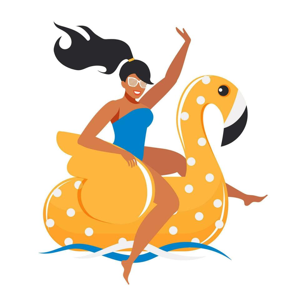 A beautiful and happy young woman on a yellow flamingo floats on the sea waves, enjoys life. Cute and fun summer print isolated on white background. Vector. vector