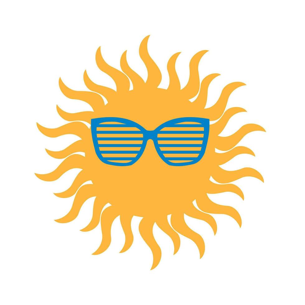 The sun is yellow with rays in blue trendy glasses on a white background. Galactic star. Cheerful cute print for throw pillows, summer holiday clothes. Vector. vector