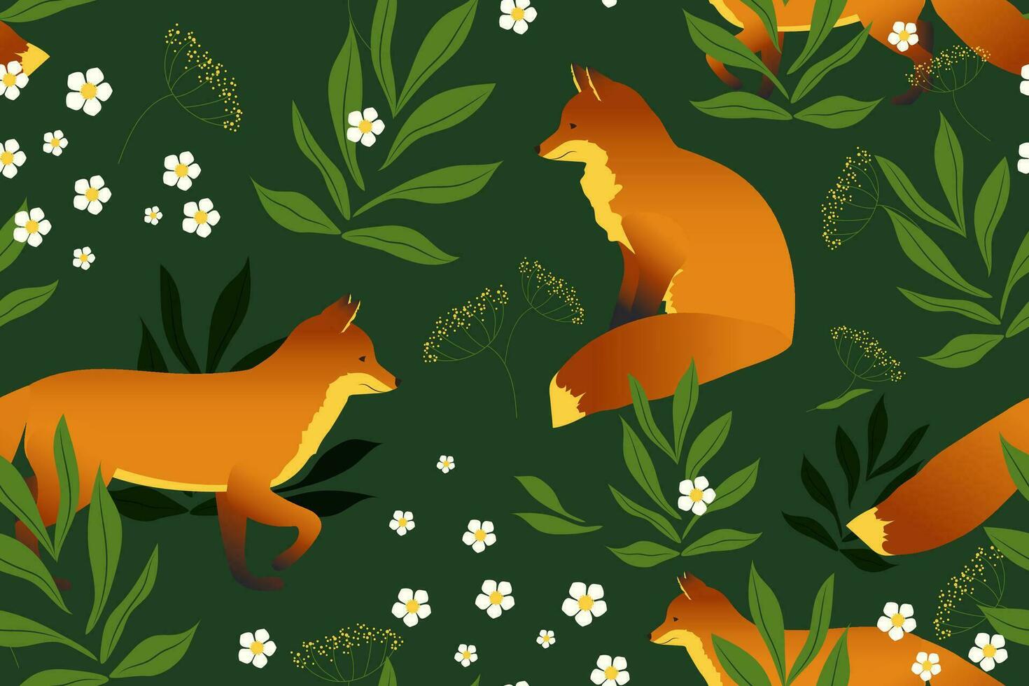 Forest wildlife with hand drawn beautiful foxes. Seamless pattern with wild animals and plants. Vector. vector