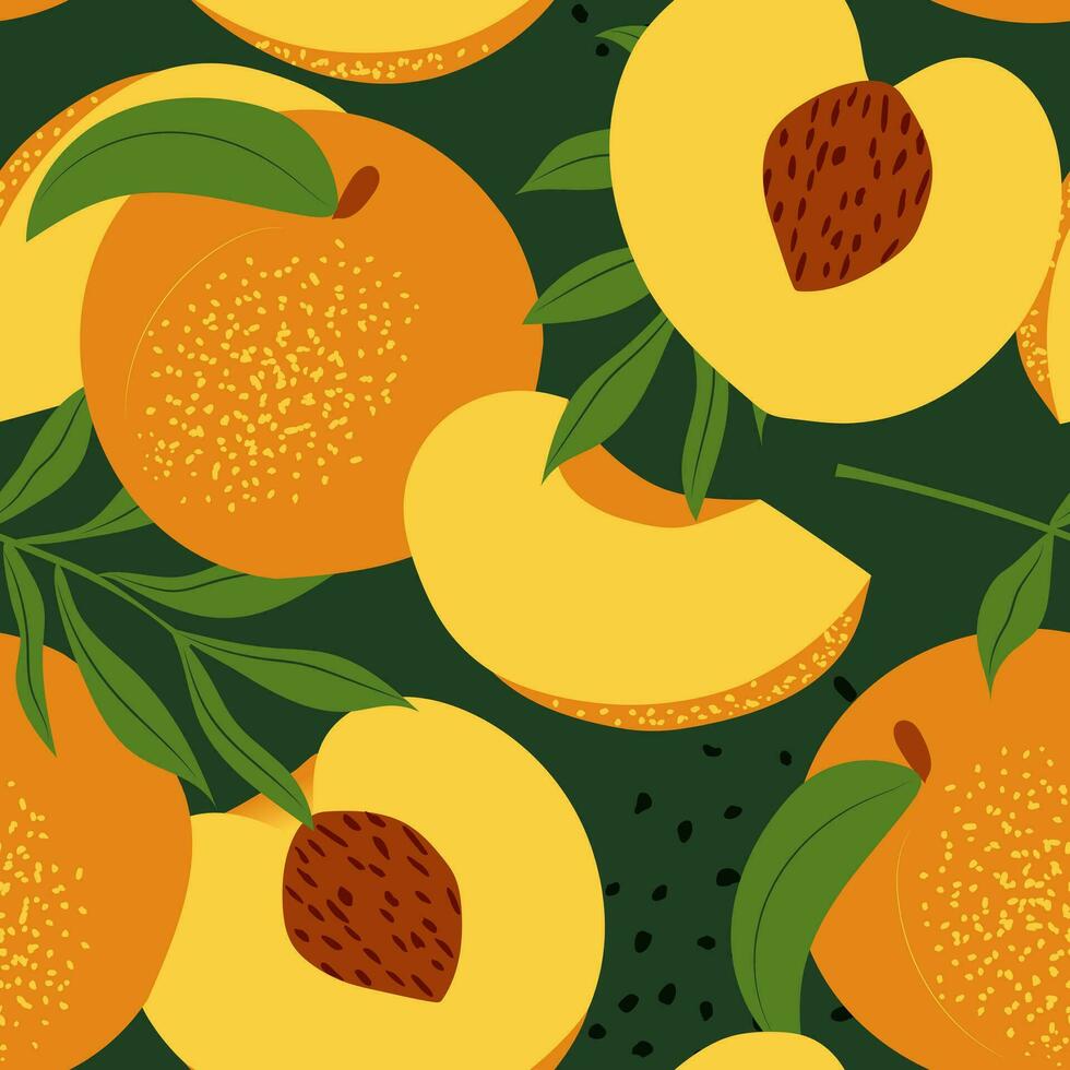 Peach vibes. Sweet pieces of fruit with leaves on a dark green background create a seamless pattern for summer textiles. Vector. vector