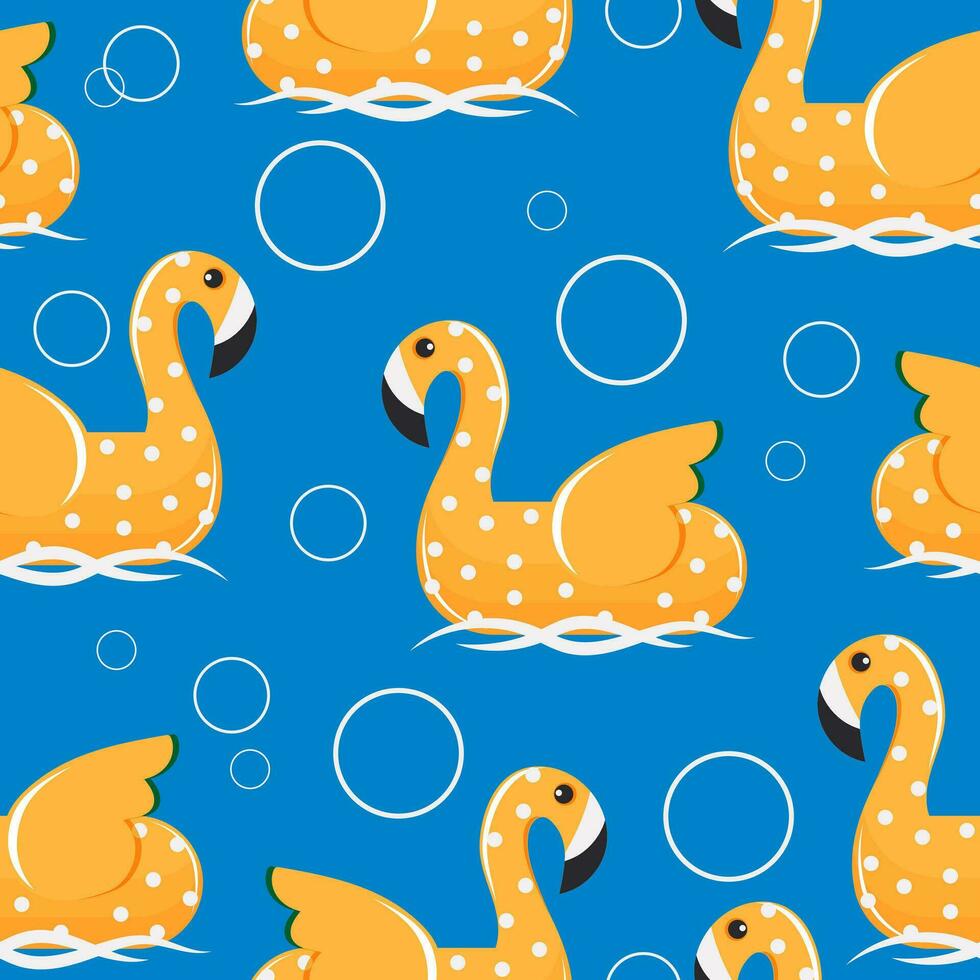 Yellow cartoon flamingo with polka dots swims on the sea waves in summer. Seamless summer cute pattern for textile. Vector. vector