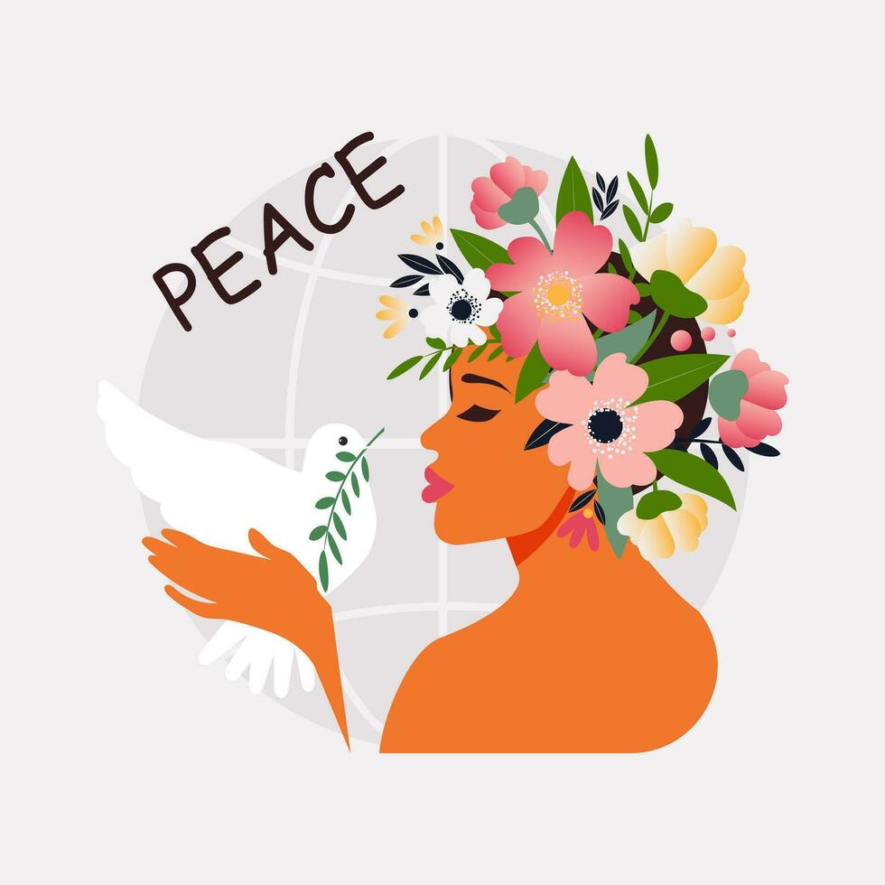 A young beautiful girl in a flower wreath on her head holds a white dove in her hands and prays for peace in Ukraine. Vector. vector