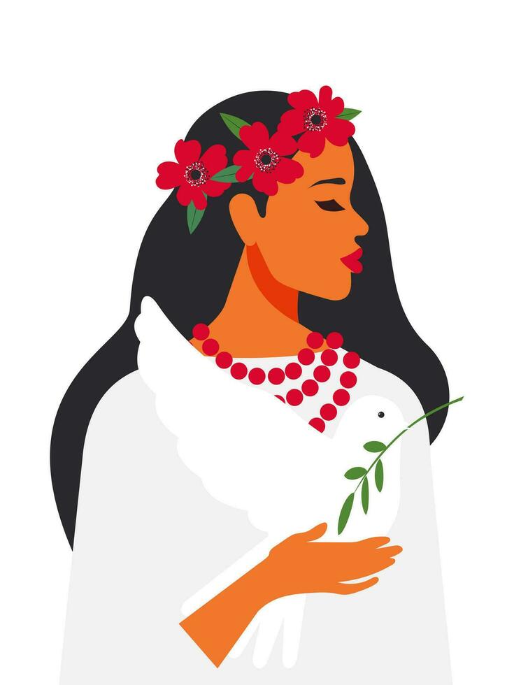 A young beautiful girl in red poppy flowers and national beads holds a white dove in her hands and prays for peace in Ukraine. Vector. vector