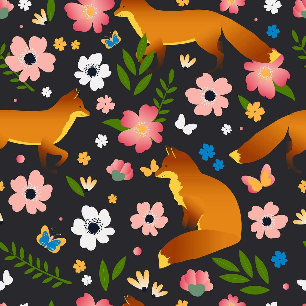 Seamless pattern with wild roses, butterflies and hand drawn foxes. Wild animals in the forest with wild rose for fabric, textile. Vector