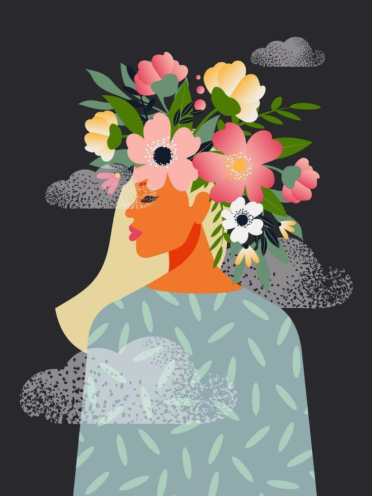 The concept of a free and positive mind, a blooming brain. A beautiful woman with flowers on her head meditates in the clouds and radiates love. Vector. vector