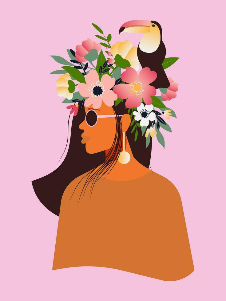 The concept of a free and positive mind, love for nature. Portrait of a beautiful woman with flowers on her head and an exotic toucan on a pink background for spring cards. Women's Day. Vector. vector