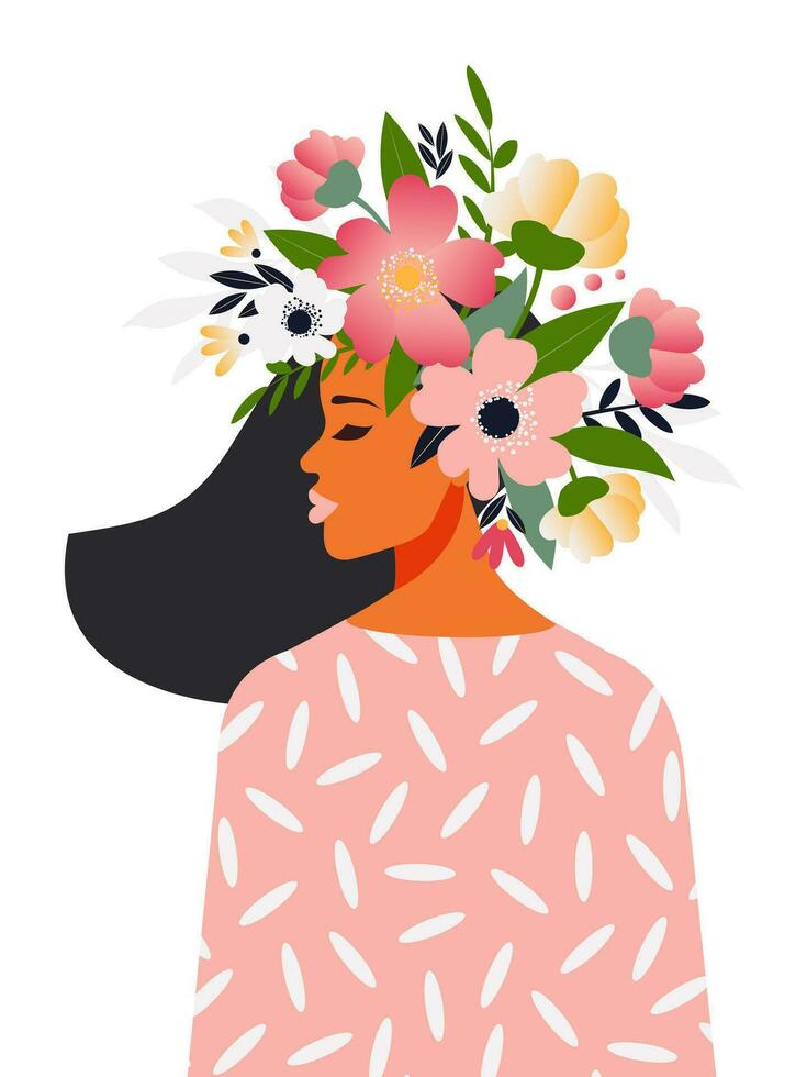 The concept of a free and positive mind, a flowering brain. Portrait of a beautiful woman with flowers on her head on a white background for spring cards. Women's Day. Vector. vector