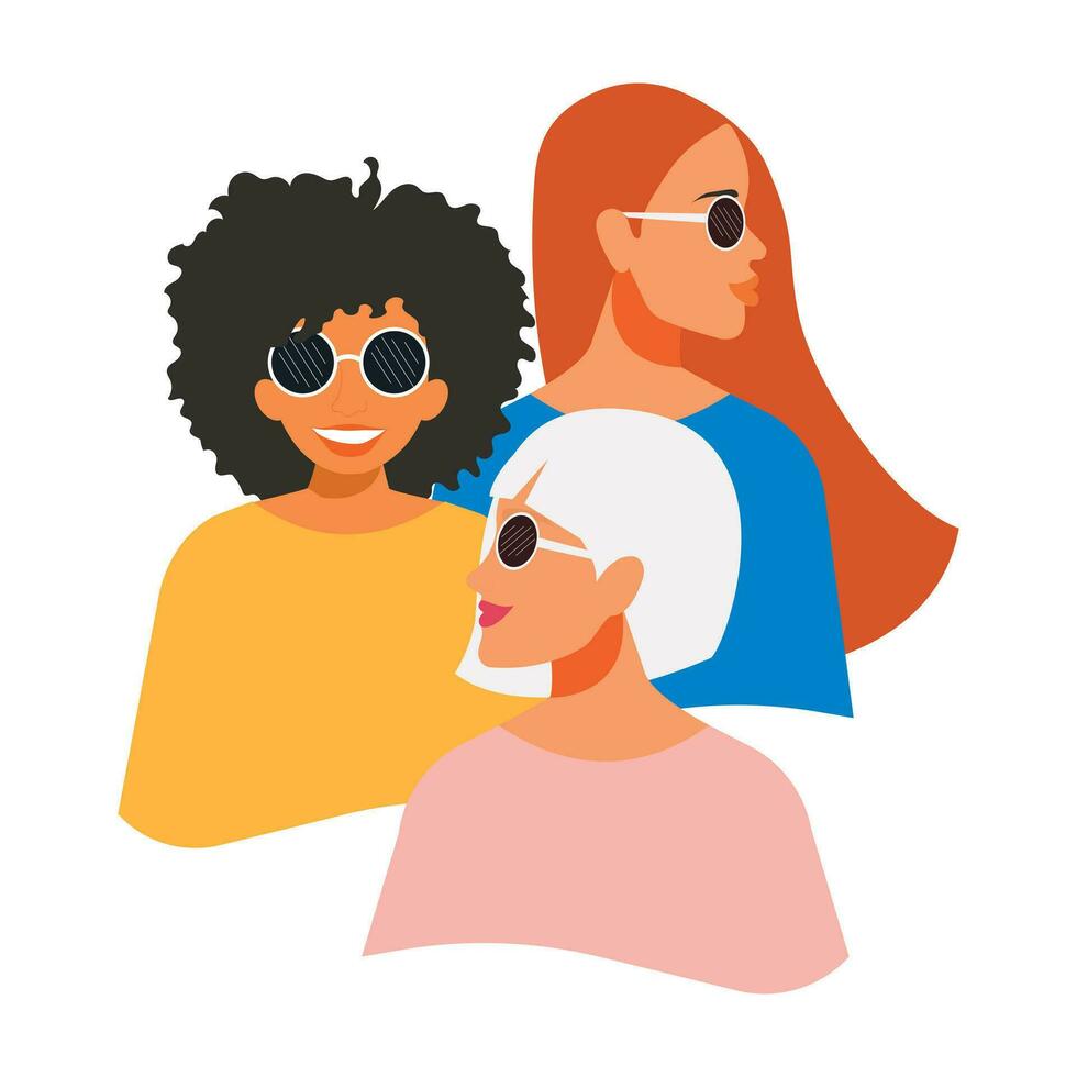 hermosa de moda mujer de diferente nacionalidades en de moda lentes estar juntos en un blanco antecedentes. elegante personas para De las mujeres día tarjetas vector. vector