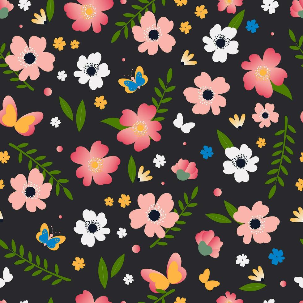 Wild rose in a botanical seamless pattern. Rosehip flowers pink with butterflies on a black background for textile. Vector. vector