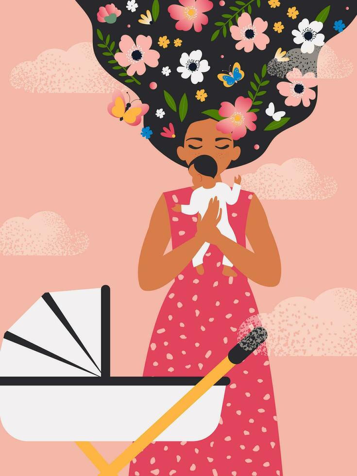 Happy Mother's Day greeting card. A woman with flowers in her hair and a small child in her arms is happy. Mental health of motherhood. Vector. vector