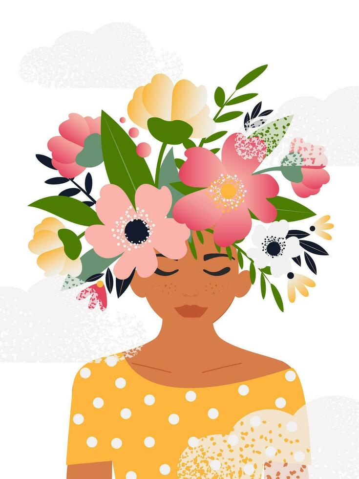 el concepto de un gratis y positivo mente, un floreciente cerebro. retrato de un hermosa mujer con flores en su cabeza con nubes en un blanco antecedentes para primavera tarjetas De las mujeres día. vector. vector