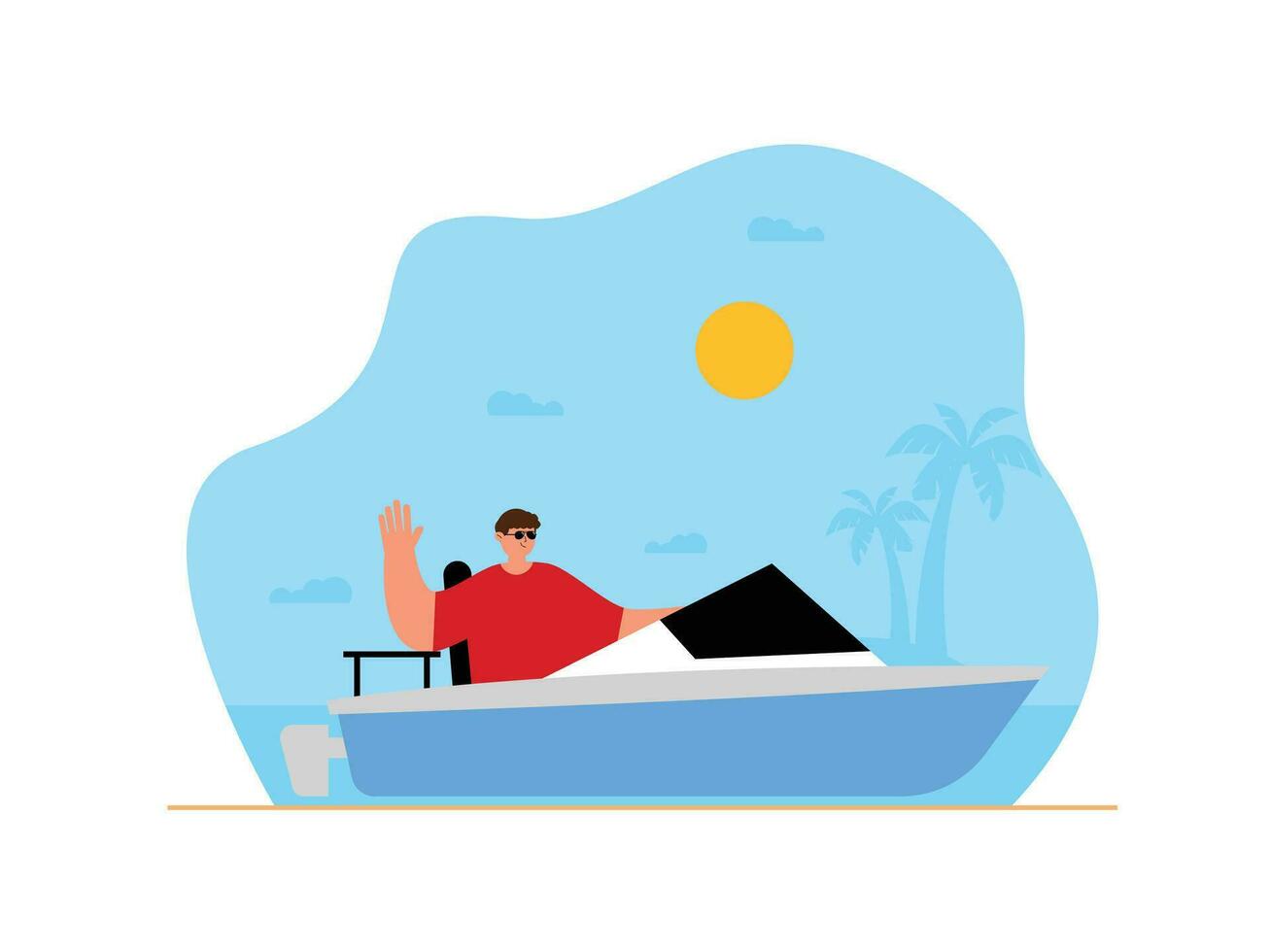 A man drives a speed boat and waves in a summer vacation on a beautiful beach vector