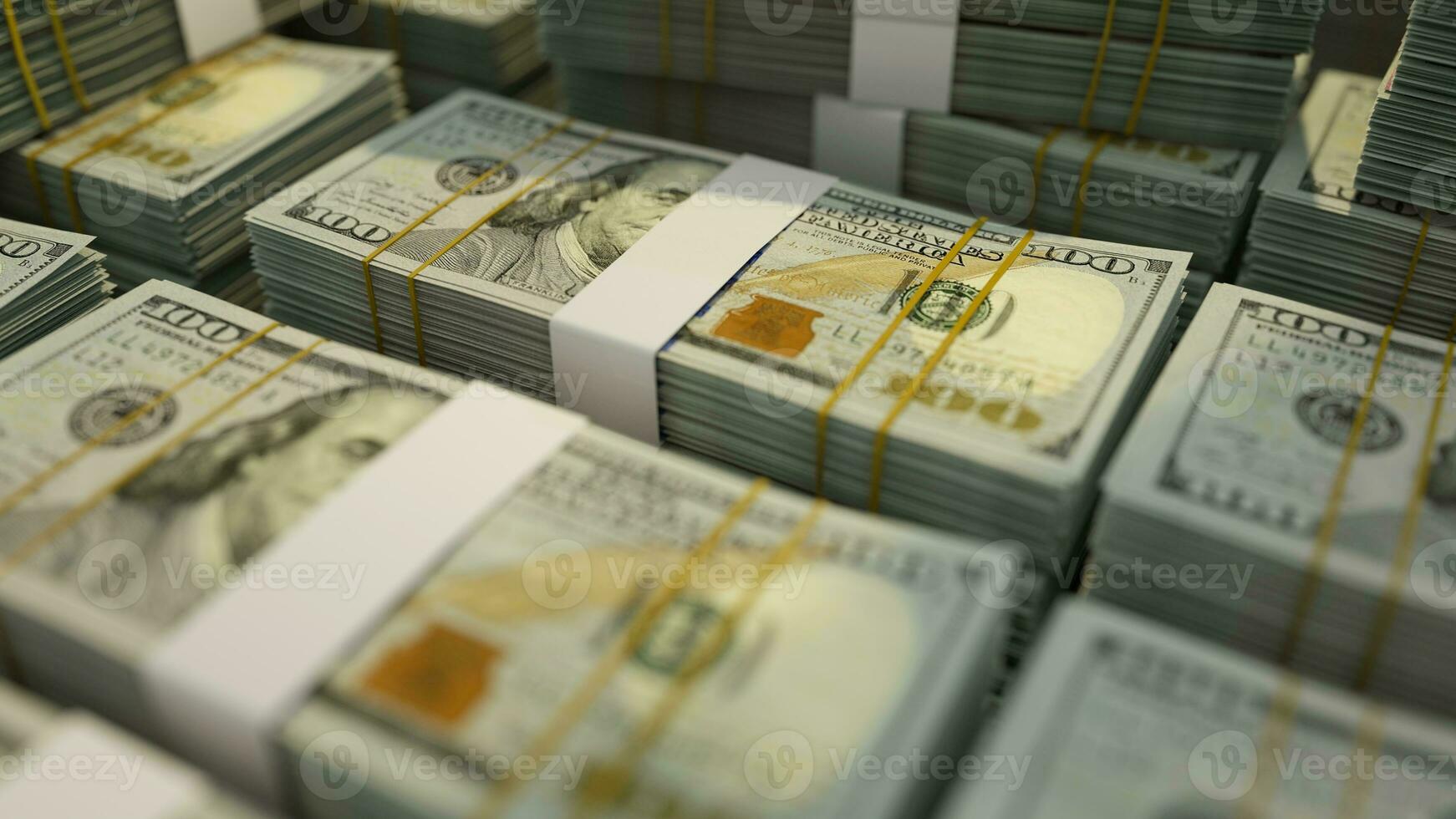 close up of stacks of US dollar notes. 3d rendering on bundles of money photo