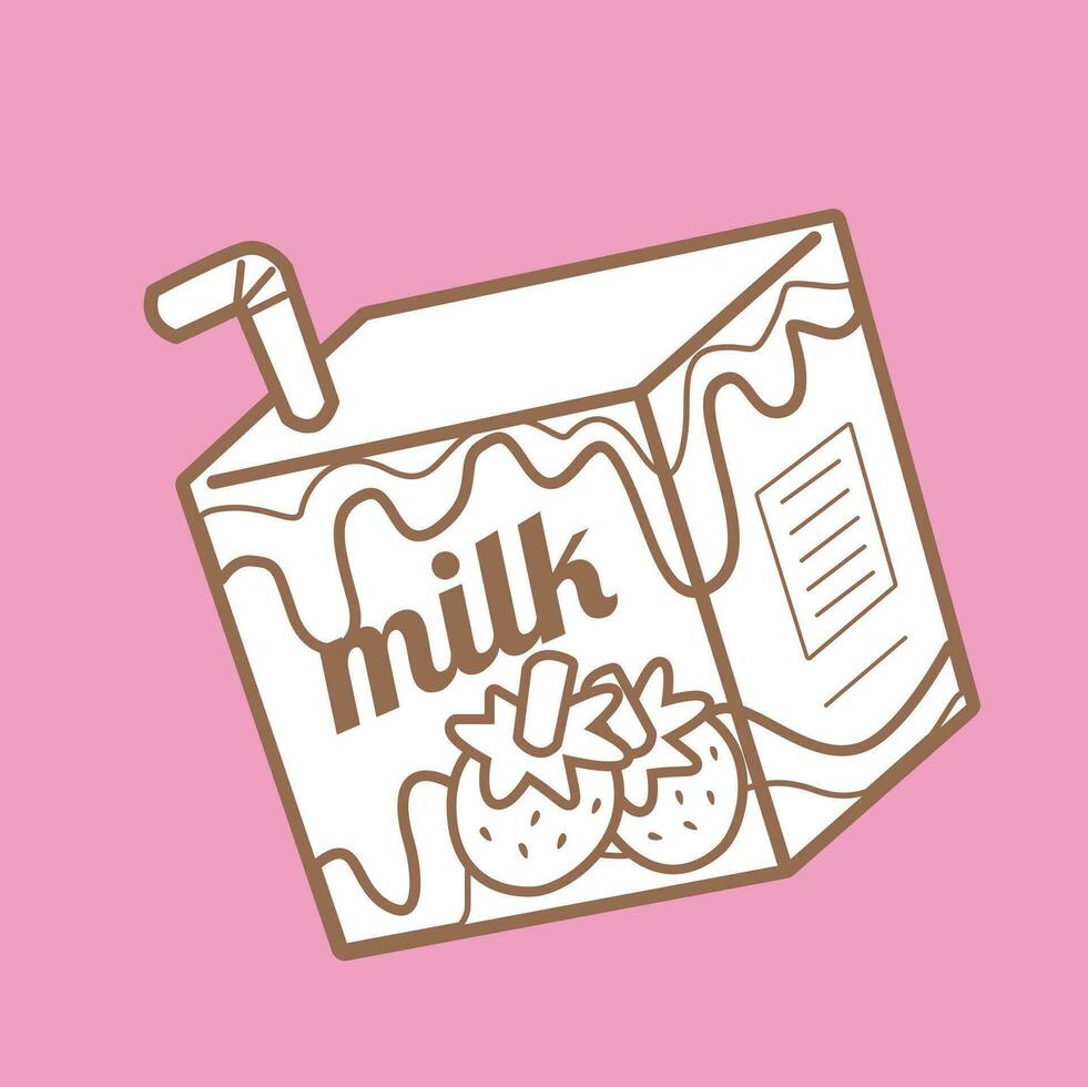 Strawberry Milk Box Healthy Drink Cartoon Digital Stamp Outline Black and White vector