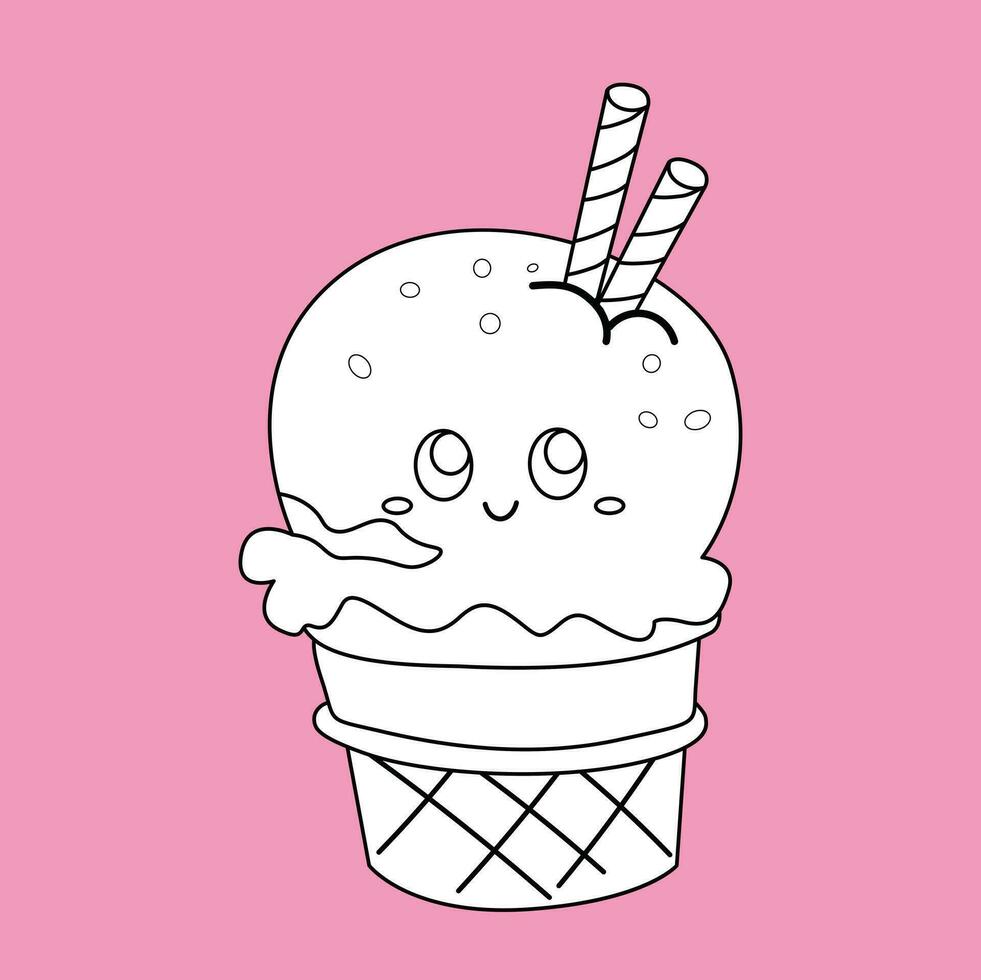 linda hielo crema dulce postre dibujos animados digital sello contorno negro y blanco vector