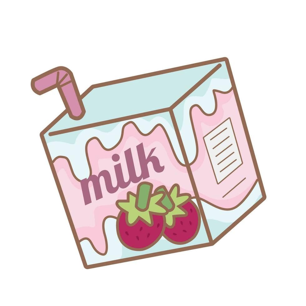 Strawberry Milk Box Drink Breakfast Cartoon Illustration Vector Clipart Sticker