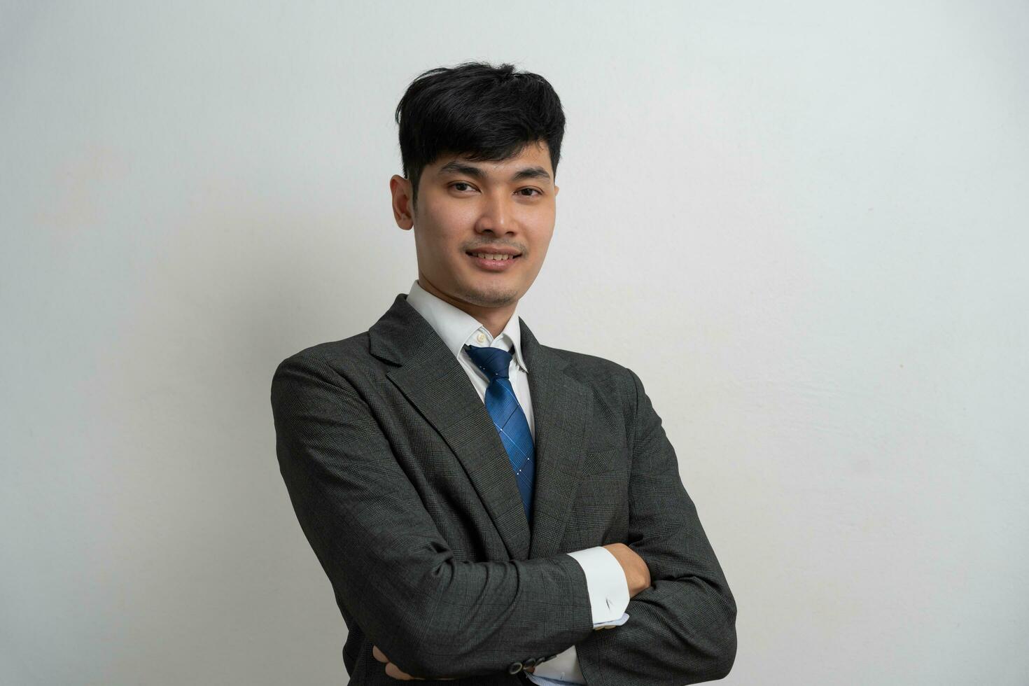 working man, Portrait of smiling Asia male in work clothes, at office and doing research, copy space, happy cheerful cute business, positive energy, Business plan, men executive photo