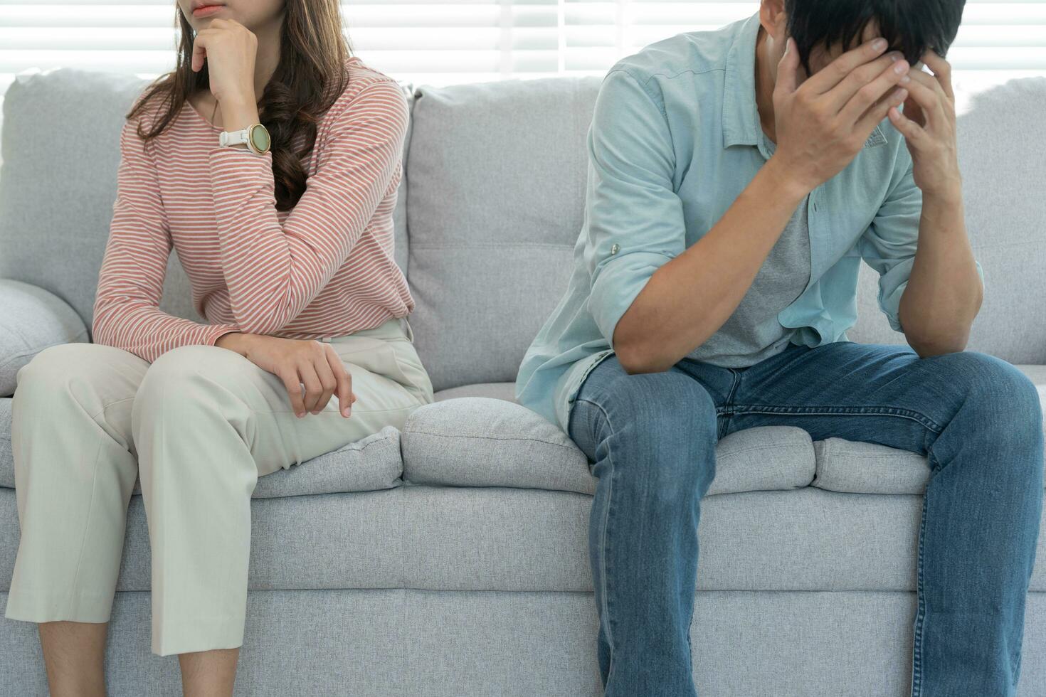 Divorce and quarrels. couples are desperate and disappointed after marriage. Husband and wife are sad, upset and frustrated after quarrels. distrust, love problems, betrayals. family problem. photo