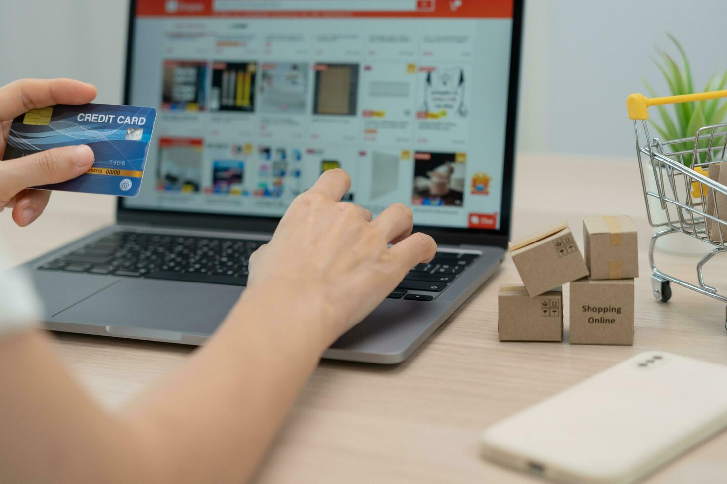 woman using computer for online shopping at home. stay home, technology, electronic commerce, internet, market place, final or summer or big sale, payment, discount for credit, offer, Low price photo