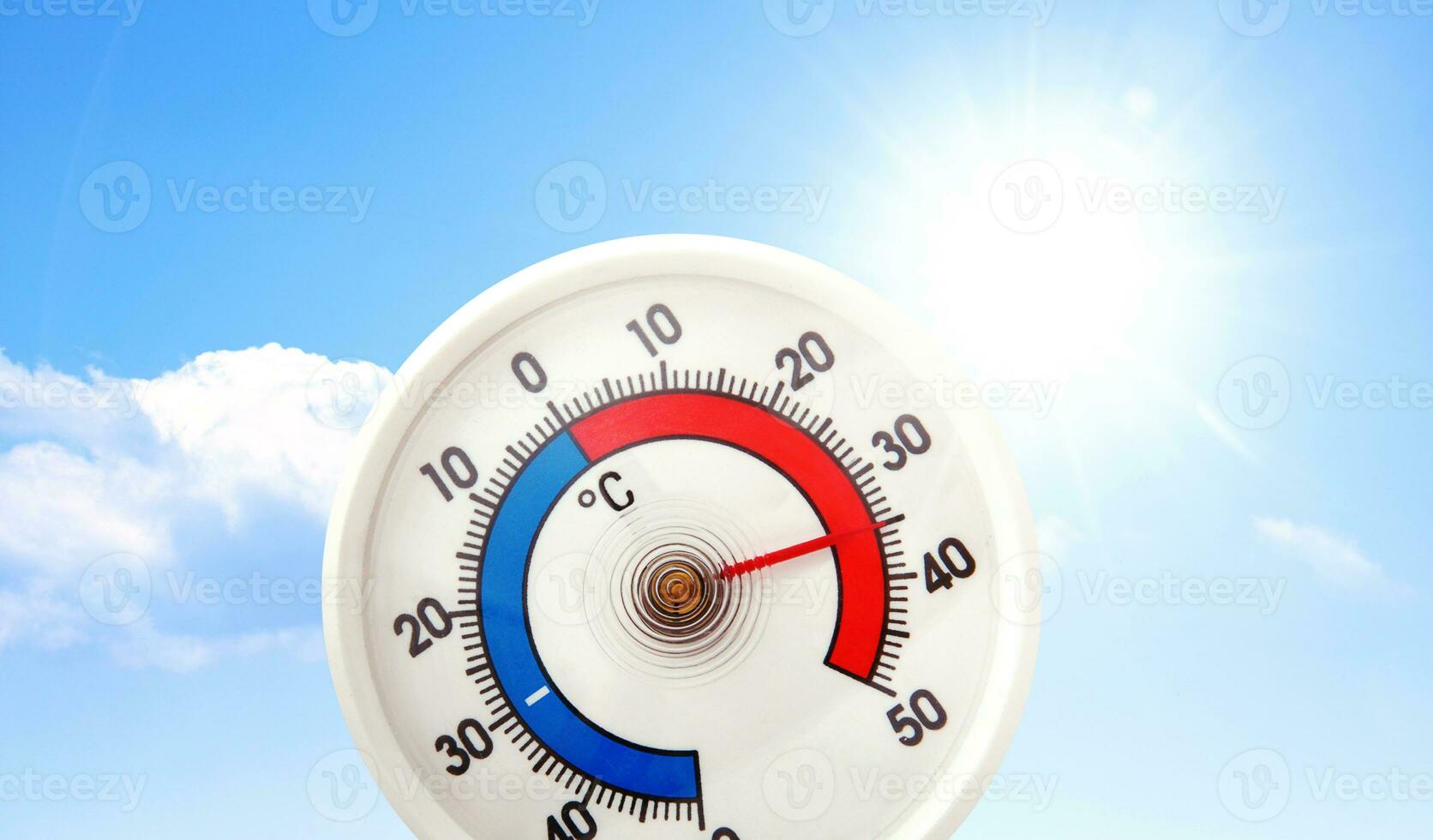 Thermometer with celsius scale showing extreme high temperature. photo