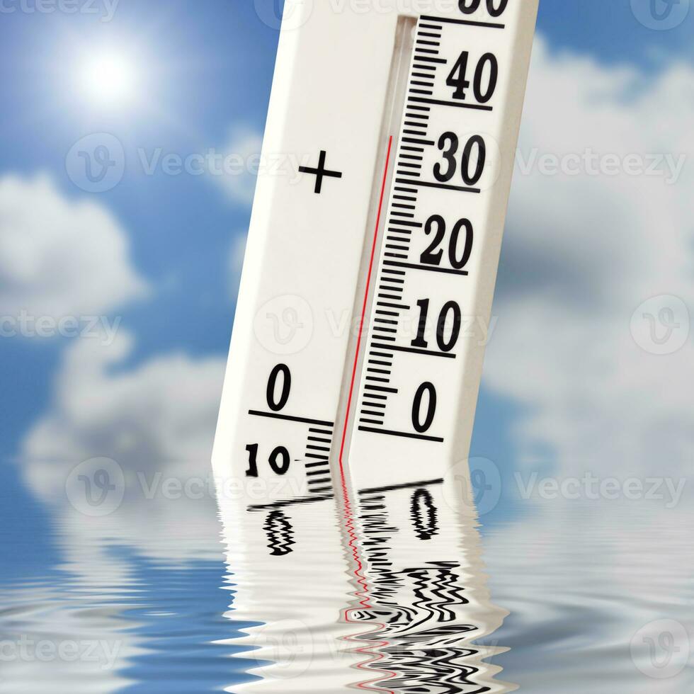 Thermometer with celsius scale showing extreme high temperature. photo