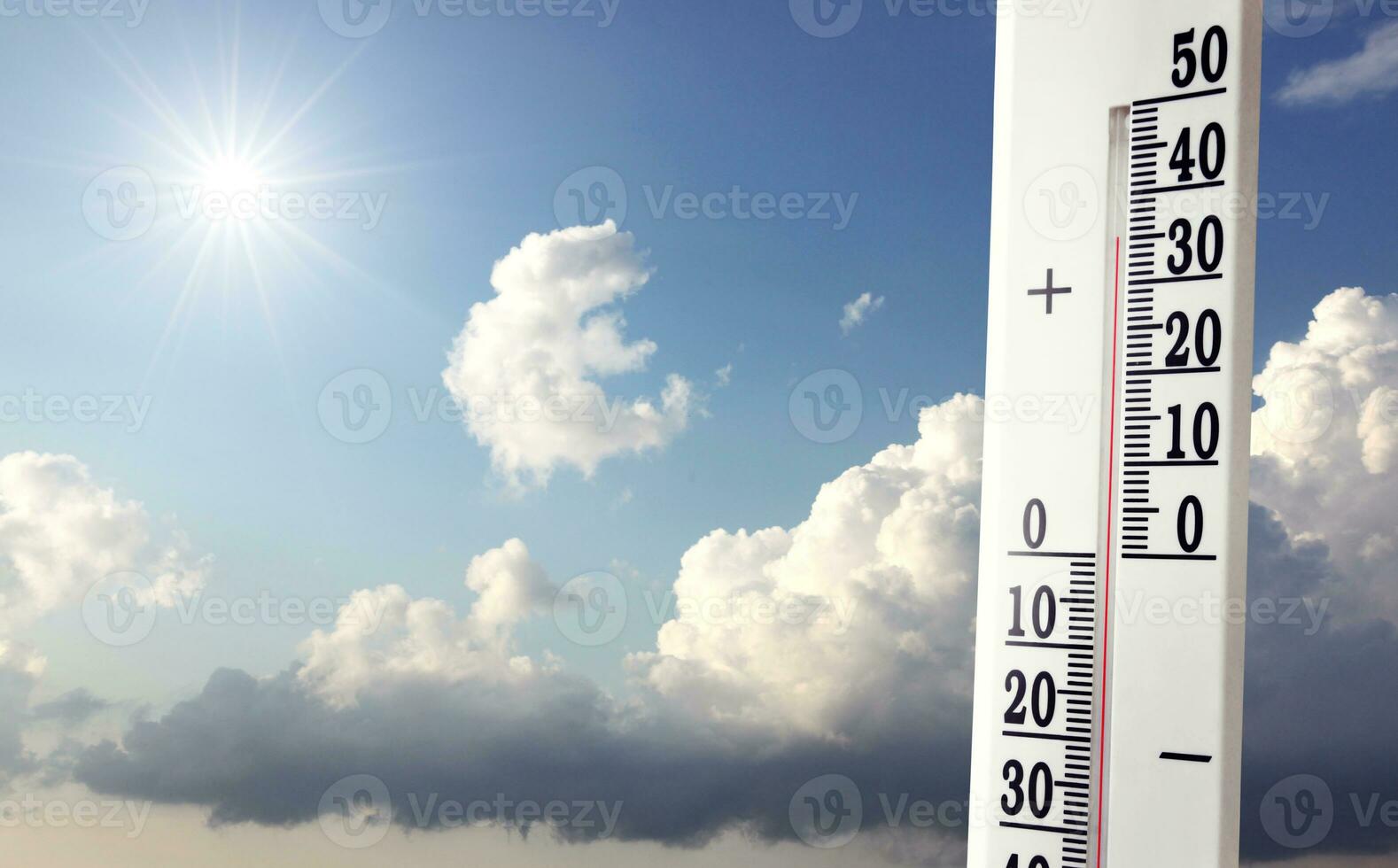 Thermometer with celsius scale showing extreme high temperature. photo