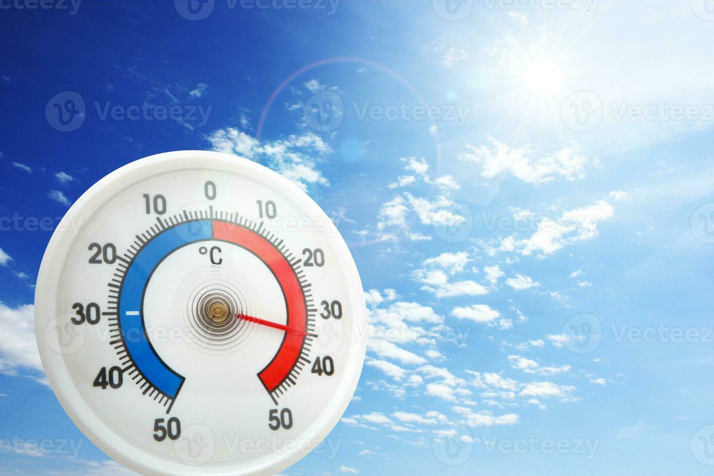 Thermometer with celsius scale showing extreme high temperature. photo