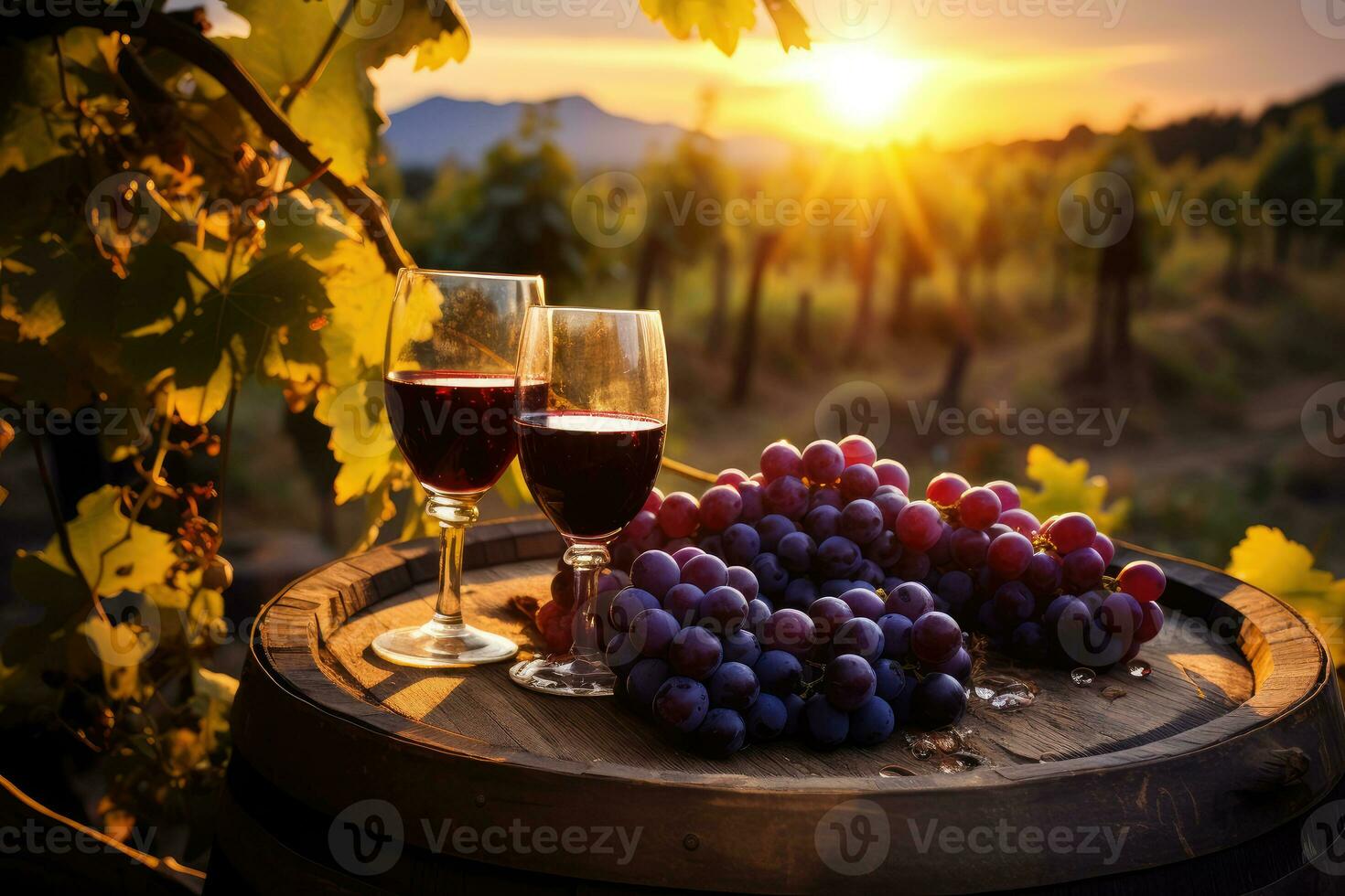 A glass of wine in a grape field. Generation AI technology. photo