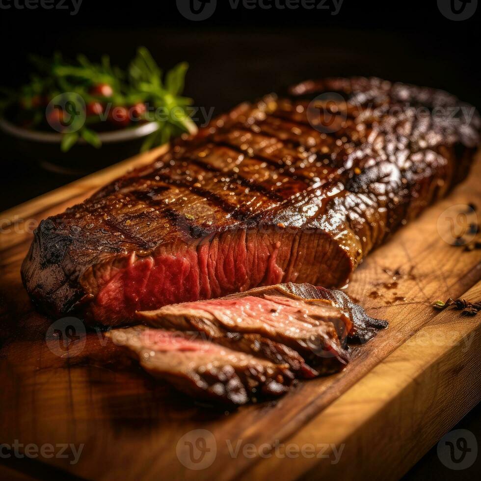 Steak on a wooden board on a dark background. Generative AI technology. photo