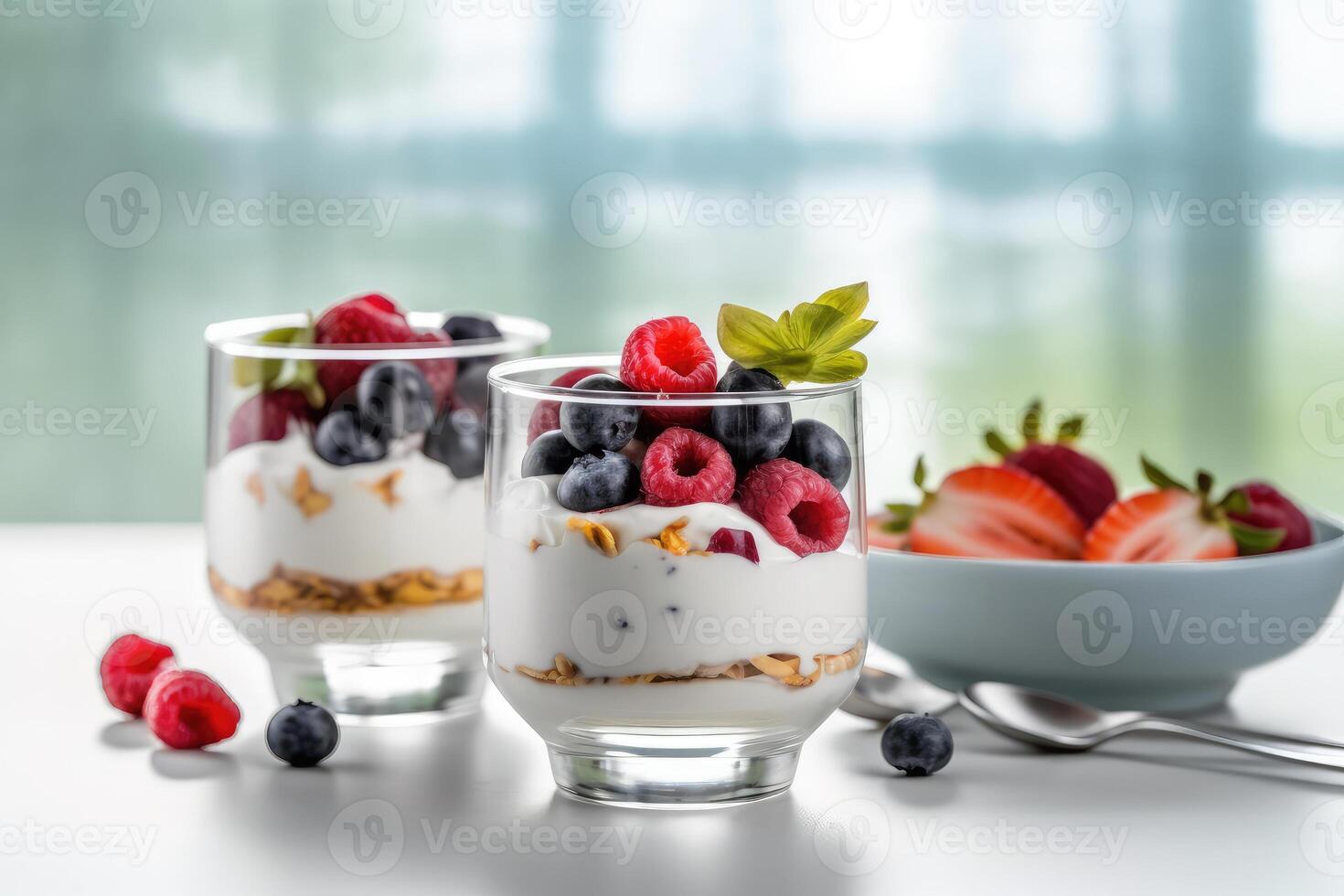 Yoghurts with fruit on a white table. Healthy breakfast. Proper nutrition. Healthy food. technology photo