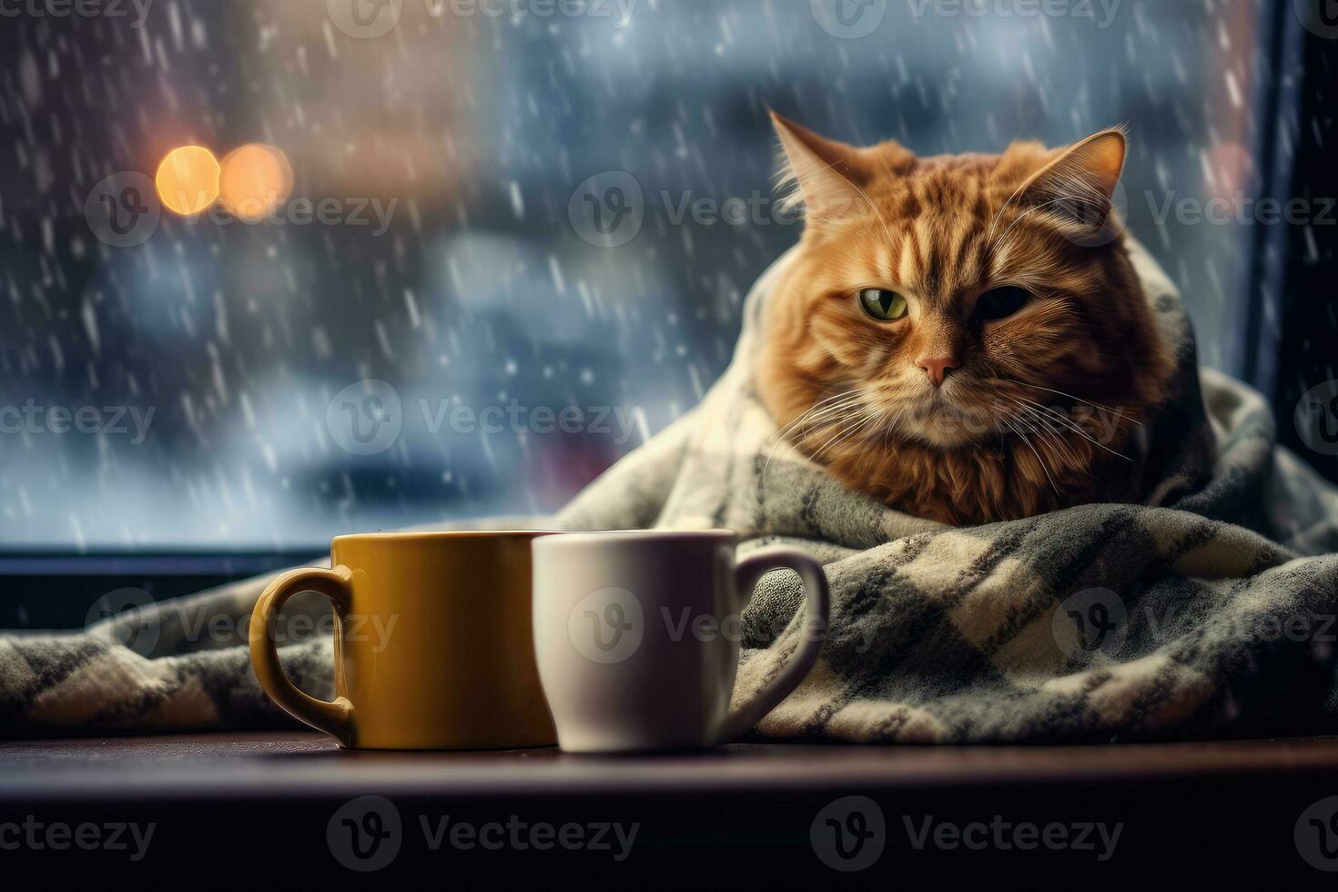a cat in a plaid is drinking tea. Generation AI technology. photo