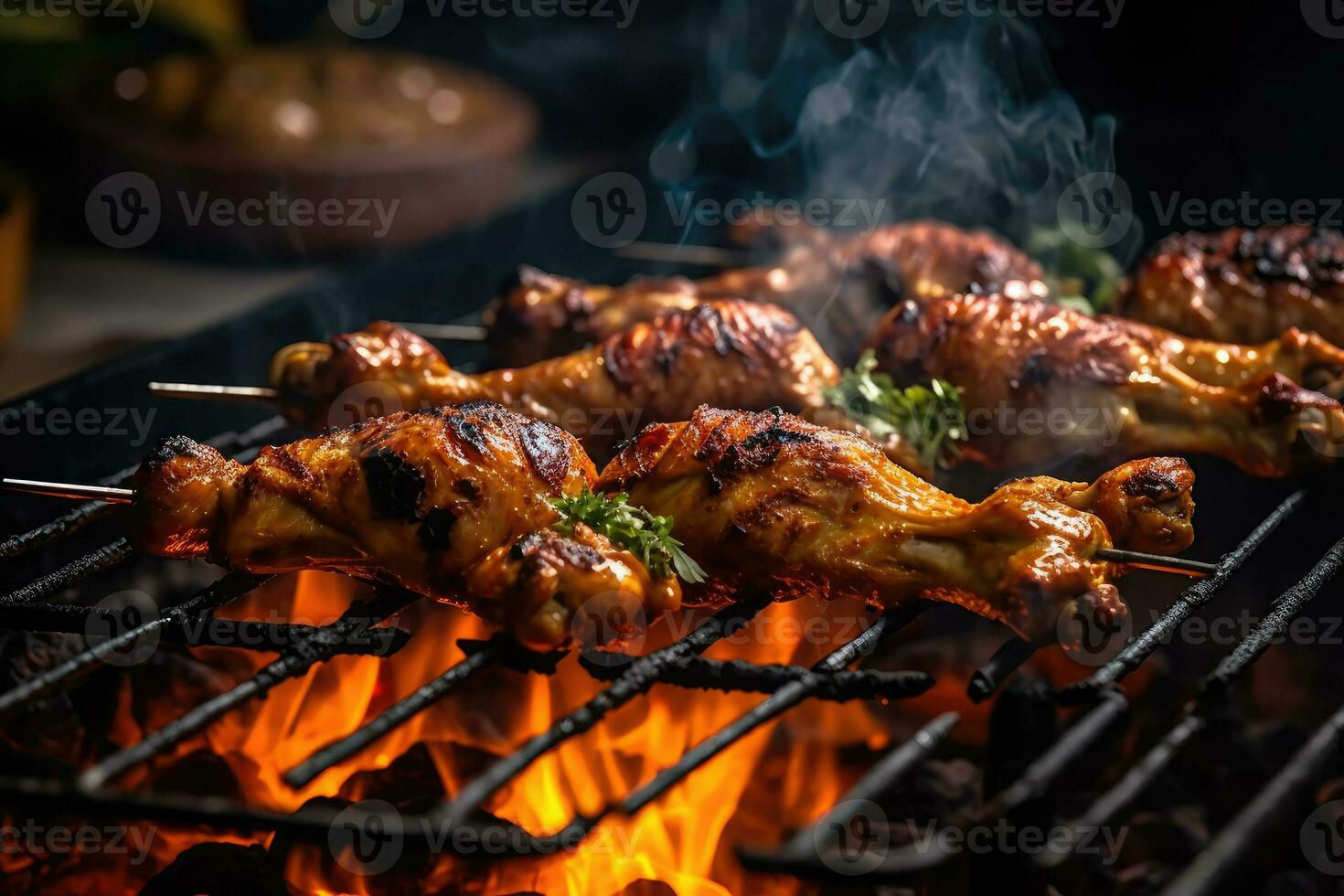 Chicken kebab is grilled on a barbecue on a black background. ound. Generative AI technology photo