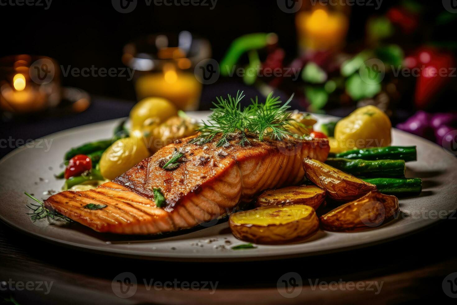 Baked fish and vegetables fried on a dark background. Generative AI technology. photo