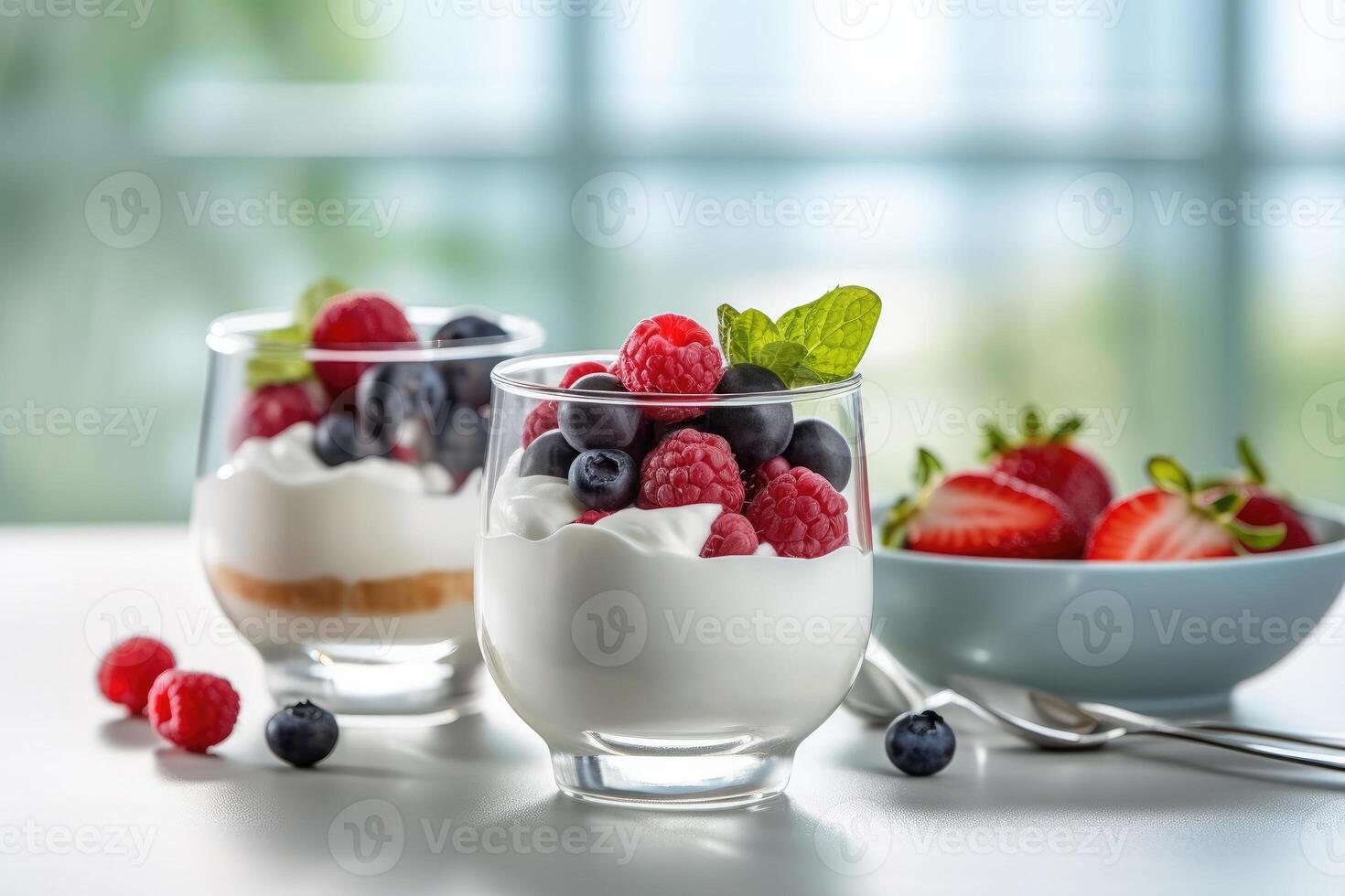 Yoghurts with fruit on a white table. Healthy breakfast. Proper nutrition. Healthy food. technology photo