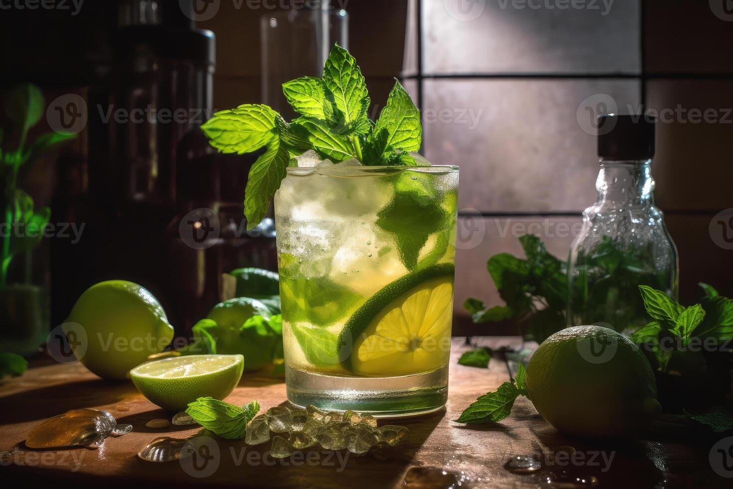 mojito cóctel con hielo en un negro antecedentes. generativo ai tecnología. foto