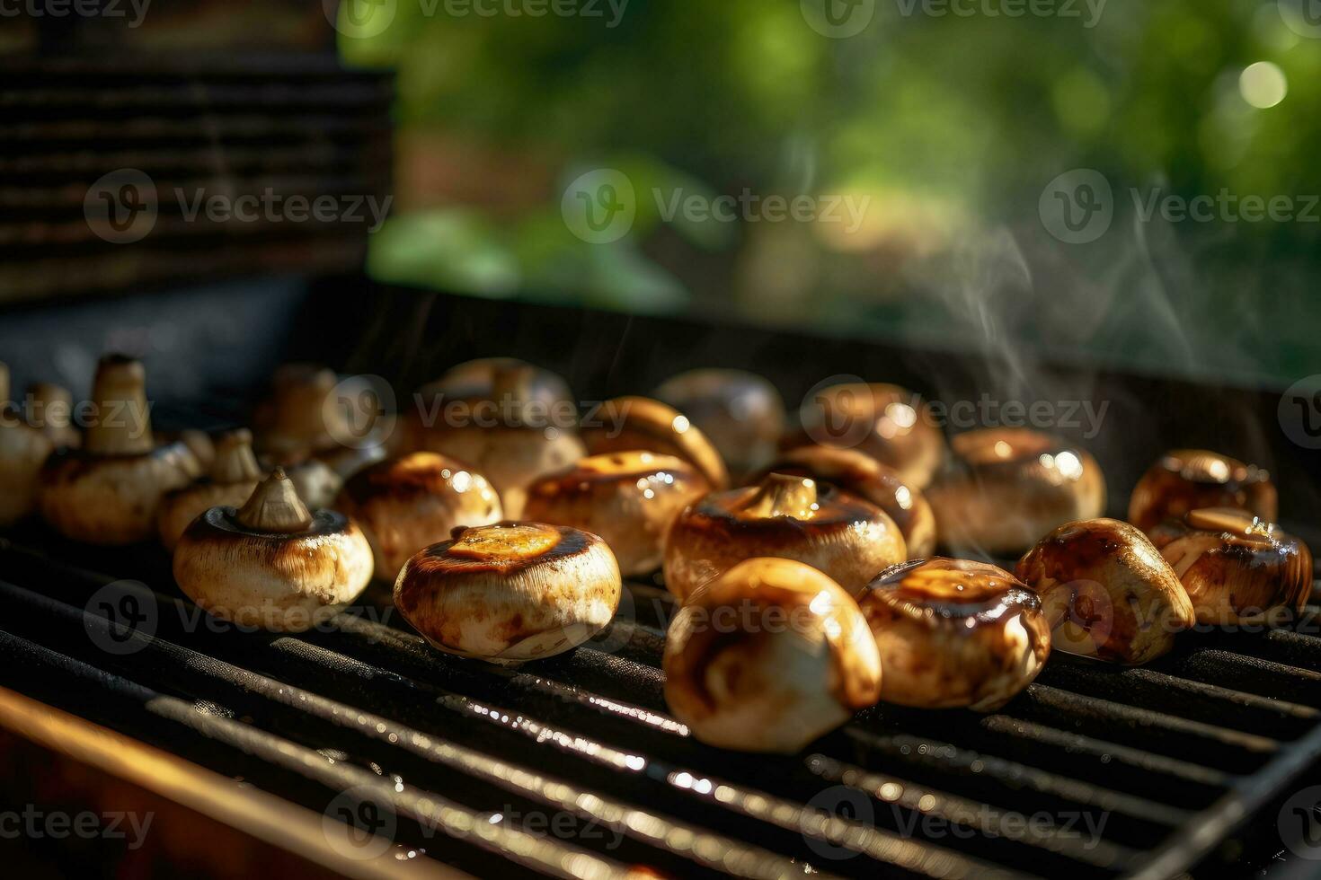Mushrooms champignons on a barbecue on a dark background. Generative AI technology. photo