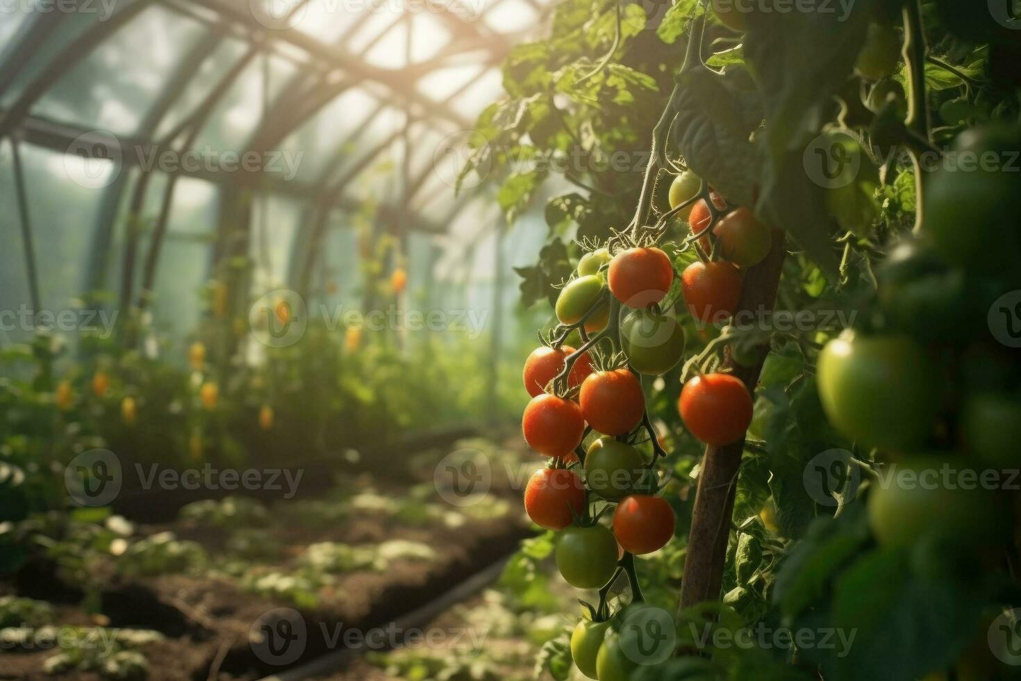 Greenhouse with tomato bushes. Generative AI technology. photo