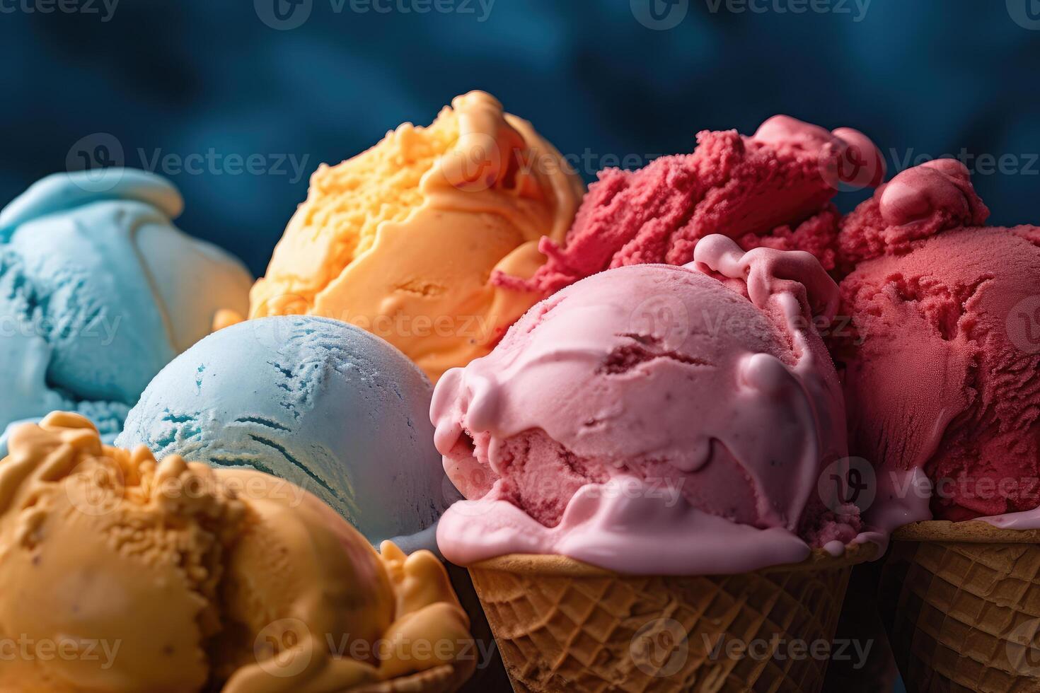 Different ice cream in waffle cups. Generative AI technology. photo